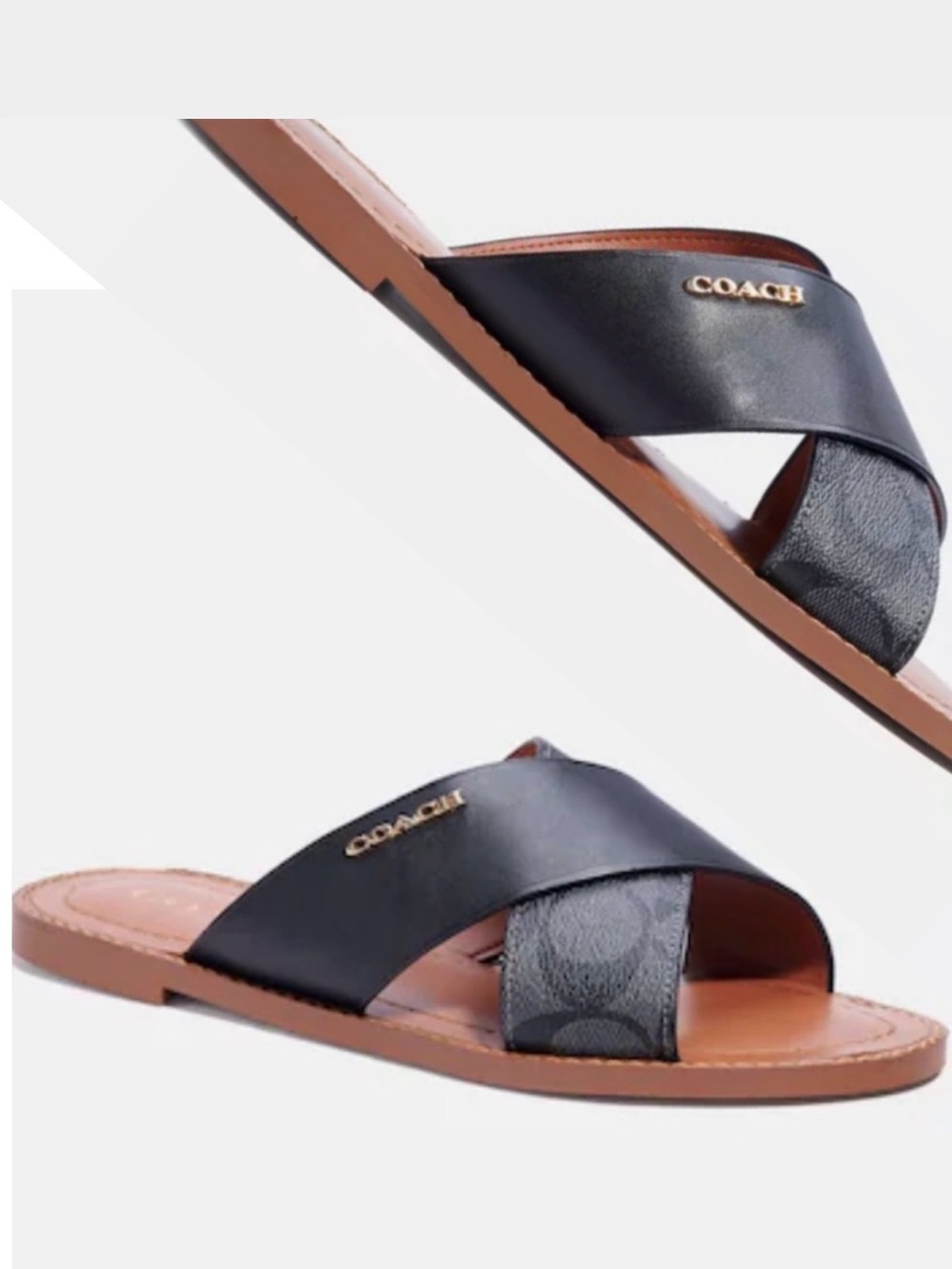 Coach Hilda  Signature Black Crossband Leather Slide Sandal